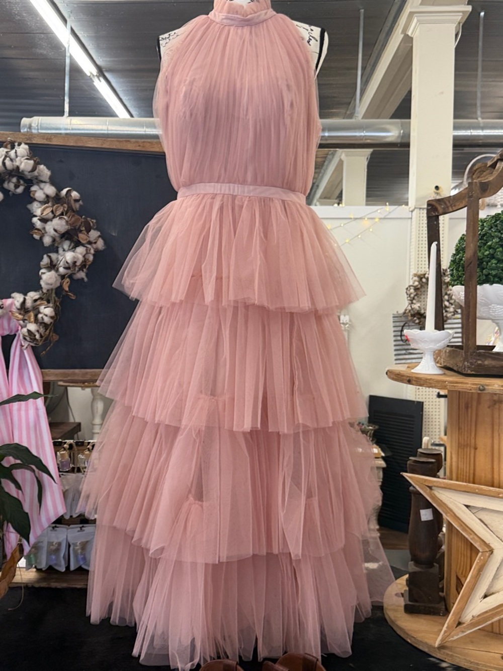 Blush Pink Tiered Tulle Halter Gown
